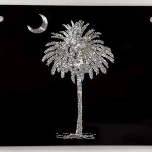 Engraved SC South Carolina State Palmetto Palm Tree License Plate Car Tag Diamond Etched on Black Aluminum Metal Weatherproof & Rustproof