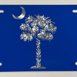 Engraved SC South Carolina State Palmetto Palm Tree License Plate Car Tag Diamond Etched on Blue Aluminum Metal Weatherproof & Rustproof