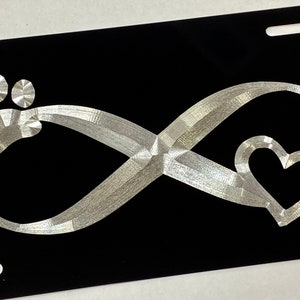 Dog Puppy Paw Infinity Heart License Plate Car Tag Diamond Etched Engraved on Black Aluminum Metal Weatherproof & Rustproof Dog Lover Gift