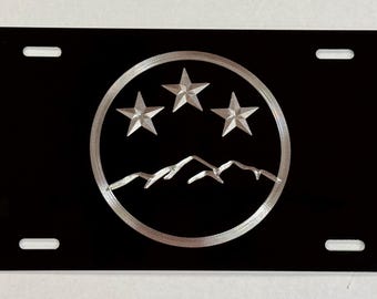 Tennessee, staatsvlag, bergen, kentekenplaat, autotag, diamant, geëtst, gegraveerd op, zwart metalen, ijdelheid, voorkant, weerbestendig en roestvrij