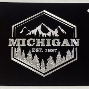 Könnte beinhalten: Schwarzes Nummernschild mit einem silbernen sechseckigen Emblem, das eine Bergkette, Kiefern und den Text "MICHIGAN EST. 1837" zeigt.
