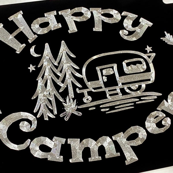 Engraved Happy Camper Camping Gift License Plate Car Tag Diamond Etched on Black Aluminum Metal Weatherproof & Rustproof