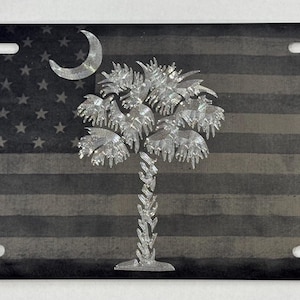 US flag SC South Carolina Palmetto Palm Tree License Plate Car Tag Diamond Etched Engraved on Black Aluminum Metal Weatherproof & Rustproof