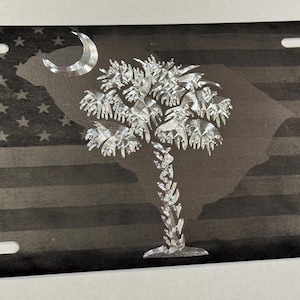 US flag SC South Carolina Palmetto Palm Tree License Plate Car Tag Diamond Etched Engraved on Black Aluminum Metal Weatherproof & Rustproof