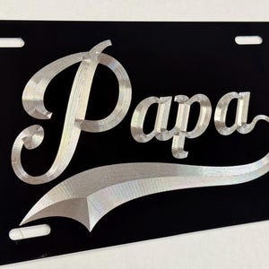 Papa Grandpa License Plate Front Vanity Car Tag Diamond Etched Engraved on Black Aluminum Metal Weatherproof & Rustproof Grandma Gift