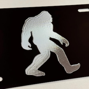 Big Foot Sasquatch License Plate Vanity Front Car Tag Diamond Etched on Black Aluminum Metal Weatherproof & Rustproof