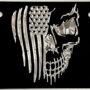 7x4 Engraved US Flag Skull Scooter Motorcycle Bike Size Tag Diamond Etched Metal Aluminum Metal License Plate Patriotic Weatherproof