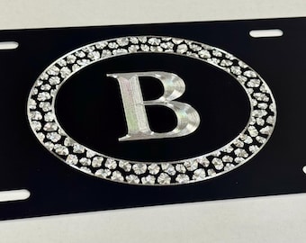 Placa de carro com monograma de leopardo personalizada, etiqueta de carro com diamante gravado, personalizada em metal de alumínio preto, à prova de intempéries e ferrugem