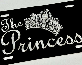 The Princess Crown Tiara License Plate Car Tag Diamond Etched Black Aluminum Metal Weatherproof & Rustproof Engraved Princess Gift