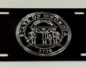 Georgia GA State Seal License Plate Car Tag Diamond Etched Engraved Black Aluminum Metal Weatherproof & Rustproof