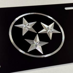 Tennessee TN State Star Flag License Plate Car Tag Diamond Etched Engraved on Black Aluminum Metal Vanity Front Weatherproof & Rustproof