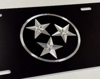 Tennessee TN State Star Flag License Plate Car Tag Diamond Etched Engraved on Black Aluminum Metal Vanity Front Weatherproof & Rustproof