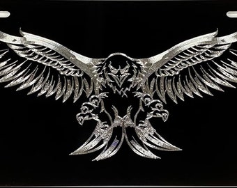 Eagle Patriotic License Plate Car Tag Diamond Etched Engraved Black Aluminum Metal Weatherproof & Rustproof