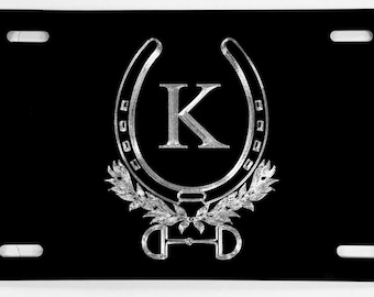 Engraved Custom Personalized Horse Shoe License Plate Vanity Front Car Tag Diamond Etched on Aluminum Metal Weatherproof & Rustproof Gift