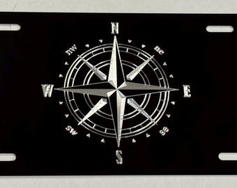 Compass Car Tag License Plate Diamond Etched Engraved Front Vanity Black Aluminum Metal Weatherproof & Rustproof