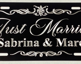 Just Married License Plate Car Tag Silver Engraved / Diamond Etched on Black Aluminum Metal Weatherproof & Rustproof Great Newlywed Gift