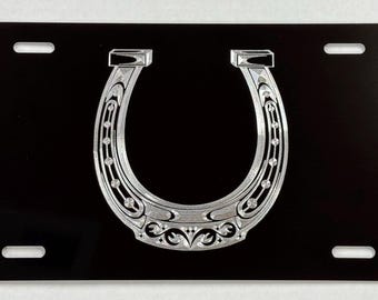 Horse Shoe Horseshoe License Plate Car Tag Diamond Etched Engraved on Black Aluminum Metal Weatherproof & Rustproof Gift