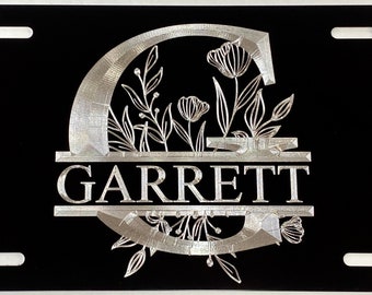 Monogram Name Flowers License Plate Vanity Front Car Tag Diamond Etched Engraved Initial Weatherproof & Rustproof