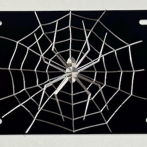 Spiderweb Spider License Plate Vanity Front Car Tag Diamond Etched / Engraved on Black Aluminum Metal Weatherproof & Rustproof