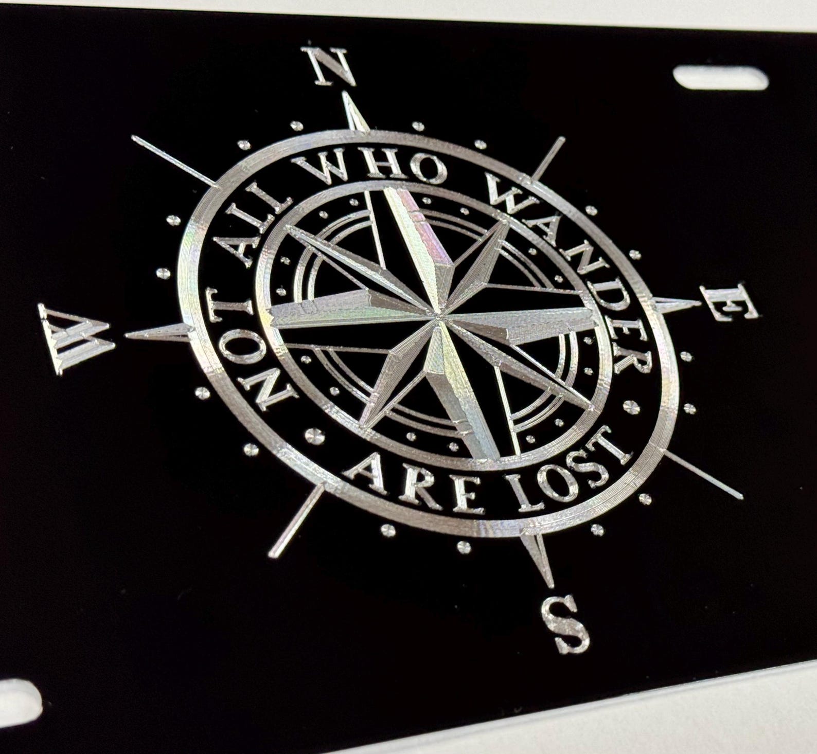 Diamond Etched Compass Car Tag: 