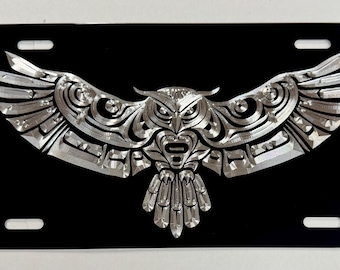 Placa de matrícula de búho tribal para coche, grabada con diamante, de aluminio negro, resistente a la intemperie y al óxido.