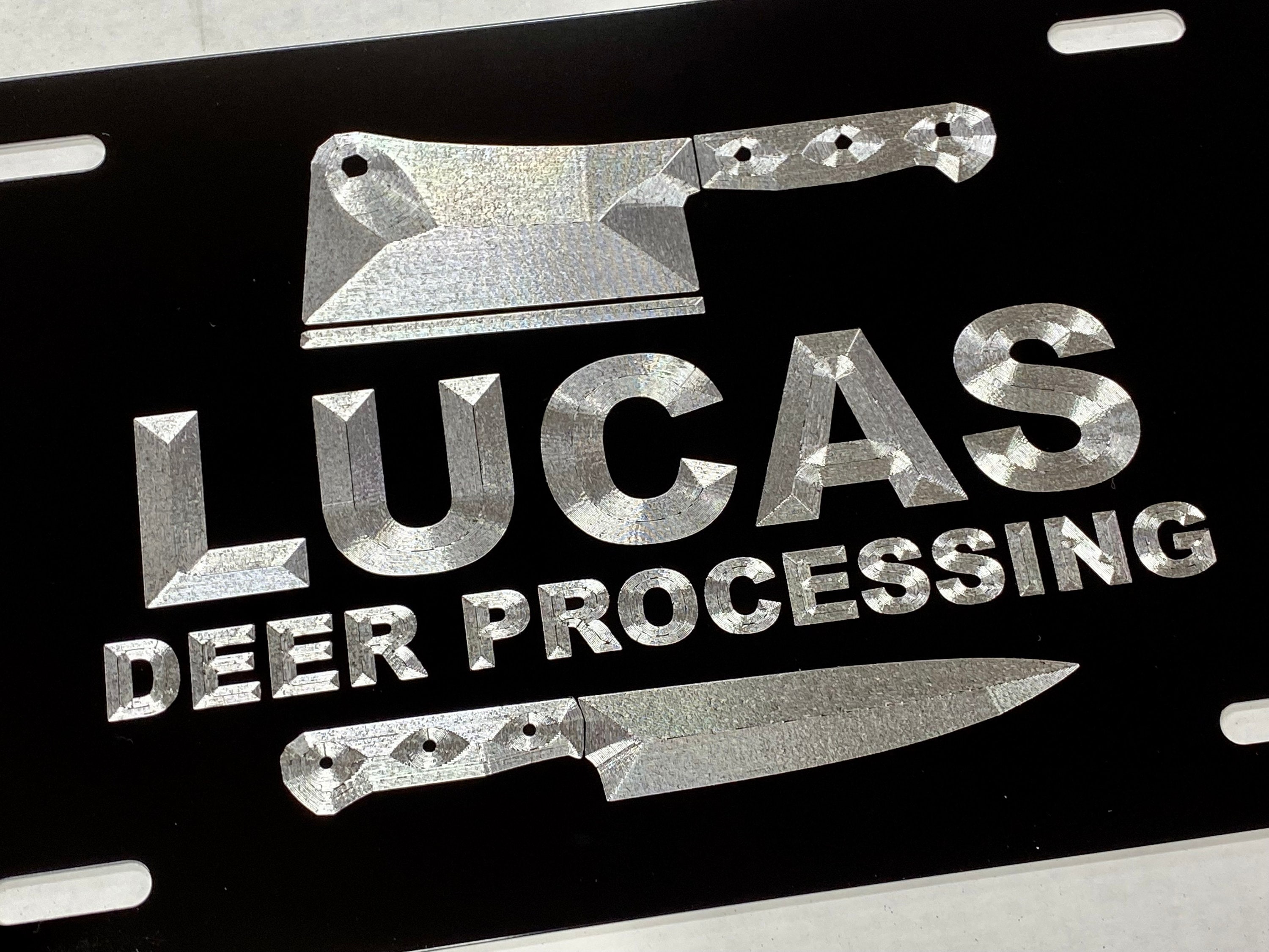 Engraved Custom Personalized Your Company Business Logo License Plate Car Tag Diamond Etched on Black Metal Weatherproof & Rustproof