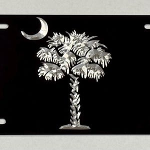 Engraved SC South Carolina State Palmetto Palm Tree License Plate Car Tag Diamond Etched on Black Aluminum Metal Weatherproof & Rustproof