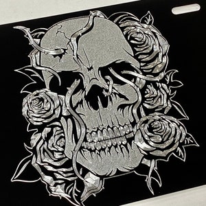 Engraved Skeleton Skull with Roses Thorns License Plate Car Tag Diamond Etched on Aluminum Metal Weatherproof & Rustproof