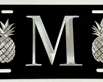 Pineapple Monogram License Plate Car Tag Custom Personalized Diamond Etched Engraved on Aluminum Metal Weatherproof & Rustproof