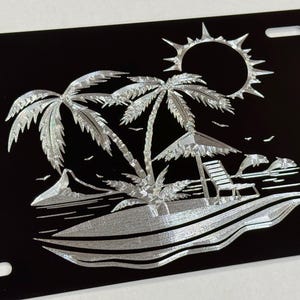 Beach Palm Tree License Plate Vanity Front Car Tag Diamond Etched on Black Aluminum Metal Weatherproof & Rustproof Engraved Beach Gift