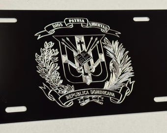 Dominican Republic License Plate Car Tag Diamond Etched Engraved on Black Aluminum Metal Weatherproof Rustproof