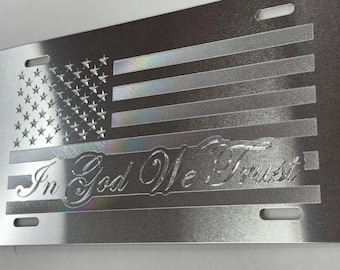 Silver Engraved In God We Trust US Flag on Silver License Plate Patriotic Car Tag Diamond Etched on Aluminum Metal Weatherproof & Rustproof