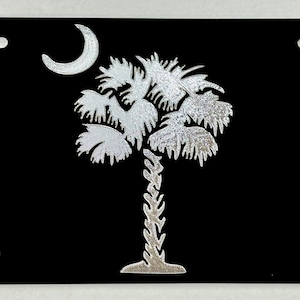 Engraved SC South Carolina State Palmetto Palm Tree License Plate Car Tag Diamond Etched on Black Aluminum Metal Weatherproof & Rustproof