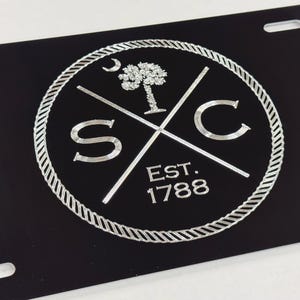 Engraved SC South Carolina State Palmetto Palm Tree License Plate Car Tag Diamond Etched on Black Aluminum Metal Weatherproof & Rustproof