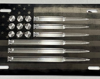US Bullet Flag License Plate Vanity Front Car Tag Diamond Etched Laser Engraved American Flag Background Black Metal Weatherproof Rustproof