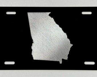 GA Georgia State License Plate Car Tag Diamond Etched Engraved on Black Aluminum Metal Vanity Front Weatherproof & Rustproof