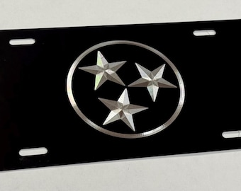 Tennessee TN State Star Flag License Plate Car Tag Diamond Etched Engraved on Black Aluminum Metal Vanity Front Weatherproof & Rustproof
