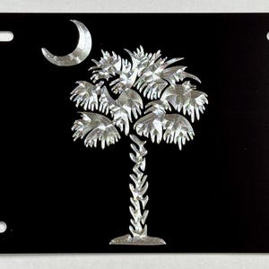 SC South Carolina Flag Palmetto Palm Tree License Plate Car Tag Diamond Etched Engraved on Black Aluminum Metal Weatherproof & Rustproof
