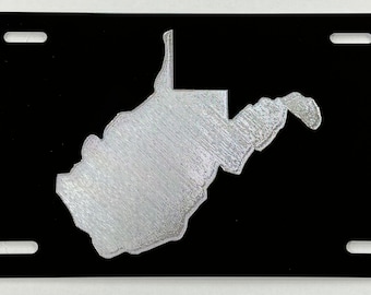 WV West Virginia State License Plate Car Tag Diamond Etched Engraved on Black Aluminum Metal Vanity Front Weatherproof & Rustproof