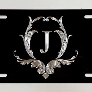 Monogram Filigree License Plate Car Tag Custom Personalized Diamond Etched Engraved on Aluminum Metal Weatherproof & Rustproof