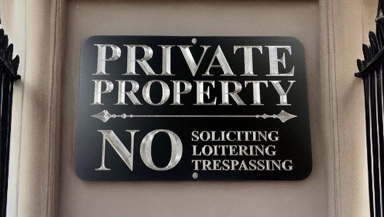 Engraved Designer Private Property No Soliciting Trespassing Diamond Etched Aluminum Metal Black 11.5x7.5 Outdoor Weatherproof House Sign