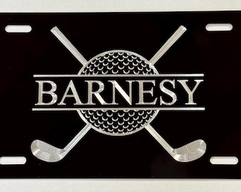 Custom Golf Cart License Plate Car Tag Diamond Etched Silver on Black Aluminum Metal Weatherproof & Rustproof