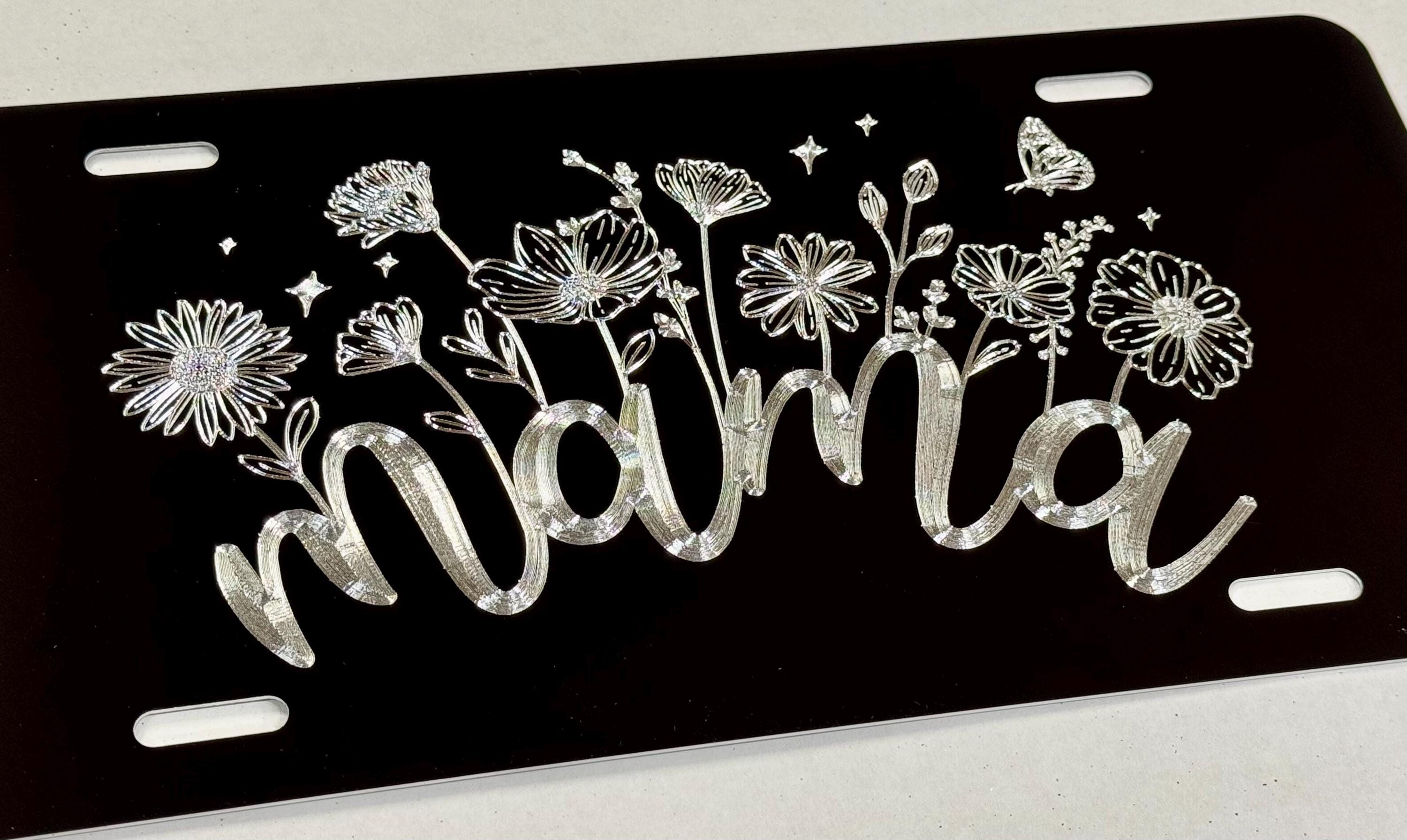 Mama Flowers License Plate Car Tag Silver Diamond Etched Engraved on Black Aluminum Metal Weatherproof & Rustproof Great Mom Gift