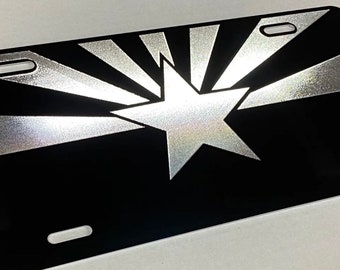 Arizona AZ State Flag License Plate Car Tag Diamond Etched Engraved on Black Aluminum Metal Weatherproof & Rustproof