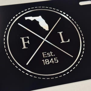 Florida FL State License Plate Car Tag Diamond Etched Engraved on Black Aluminum Metal Weatherproof & Rustproof Great Gift