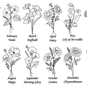 Peut inclure: Une illustration en noir et blanc de 12 fleurs diff&eacute;rentes, chacune repr&eacute;sentant un mois de l'ann&eacute;e. Les fleurs sont &eacute;tiquet&eacute;es avec leurs noms communs et le mois qu'elles repr&eacute;sentent. Janvier : &OElig;illet, F&eacute;vrier : Violette, Mars : Jonquille, Avril : Marguerite, Mai : Muguet, Juin : Rose, Juillet : Lys d'eau, Ao&ucirc;t : Pavot, Septembre : Liseron, Octobre : Cosmos, Novembre : Chrysanth&egrave;me, D&eacute;cembre : Houx.