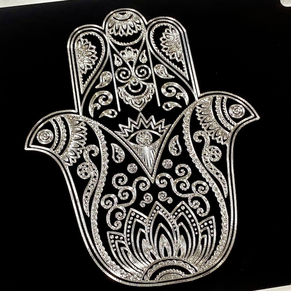 Engraved Hamsa Hand License Plate Car Tag Diamond Etched on Black Aluminum Metal Weatherproof & Rustproof