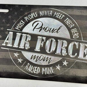 Air Force Mom License Plate Car Tag Laser Engraved US Flag and Diamond Etched on Aluminum Metal Weatherproof & Rustproof Gift