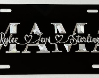 Custom MAMA with names License Plate Car Tag Diamond Etched Engraved Black Aluminum Metal Weatherproof & Rustproof Grandma Gift