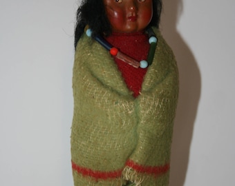 Vintage Skookum A Bully Good Indian Doll with shoes blanket and bead necklace